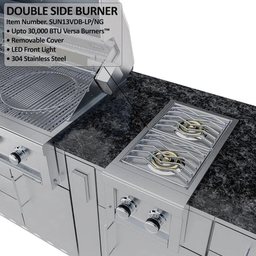 Sunstone SUN13VDB double side burner with 30,000 BTUs and 304 stainless steel construction on an outdoor island.