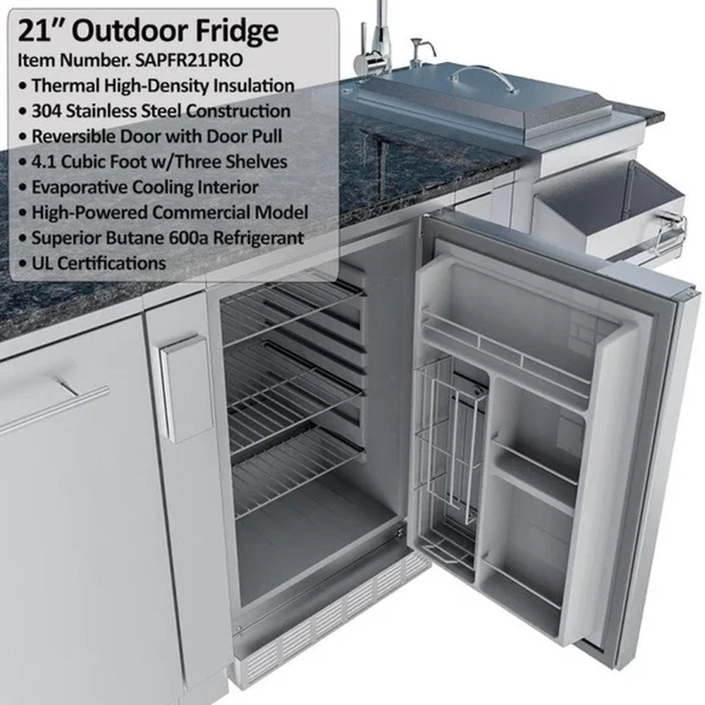 Sunstone 21-inch outdoor refrigerator SAPFR21PRO built into a Savanna island featuring 4.1 cubic feet of storage and 304 stainless steel construction.