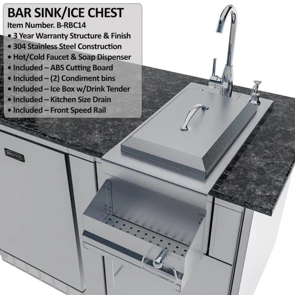 Sunstone B-RBC14 bar sink and ice chest combo with front speed rail and stainless steel lid on a dark granite countertop.
