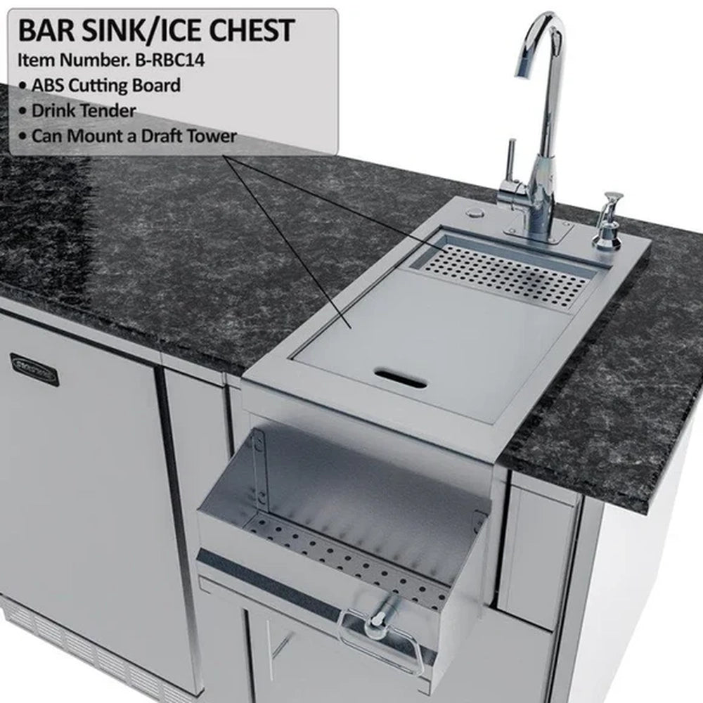 Outdoor bar sink featuring a removable ABS cutting board and drink tender station for cocktail preparation.