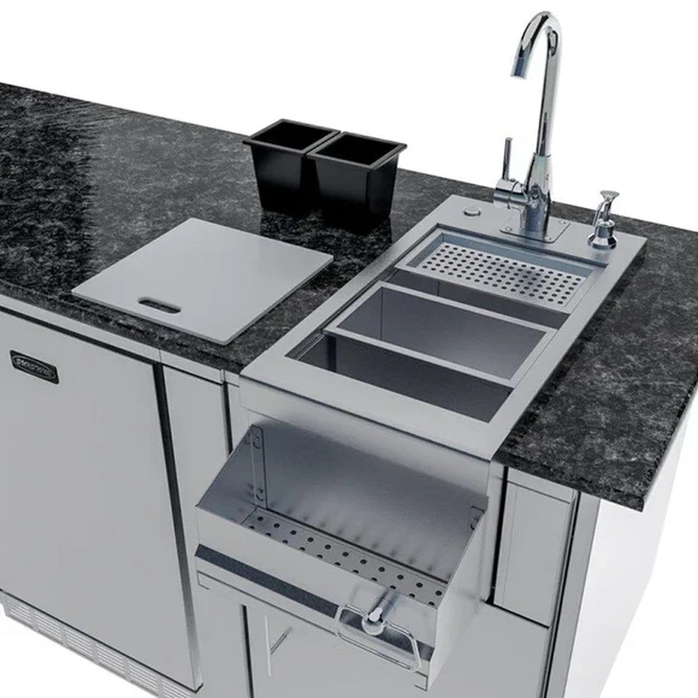 Exploded view of the Sunstone outdoor bar sink components including removable bins, cutting board, and drink tender.