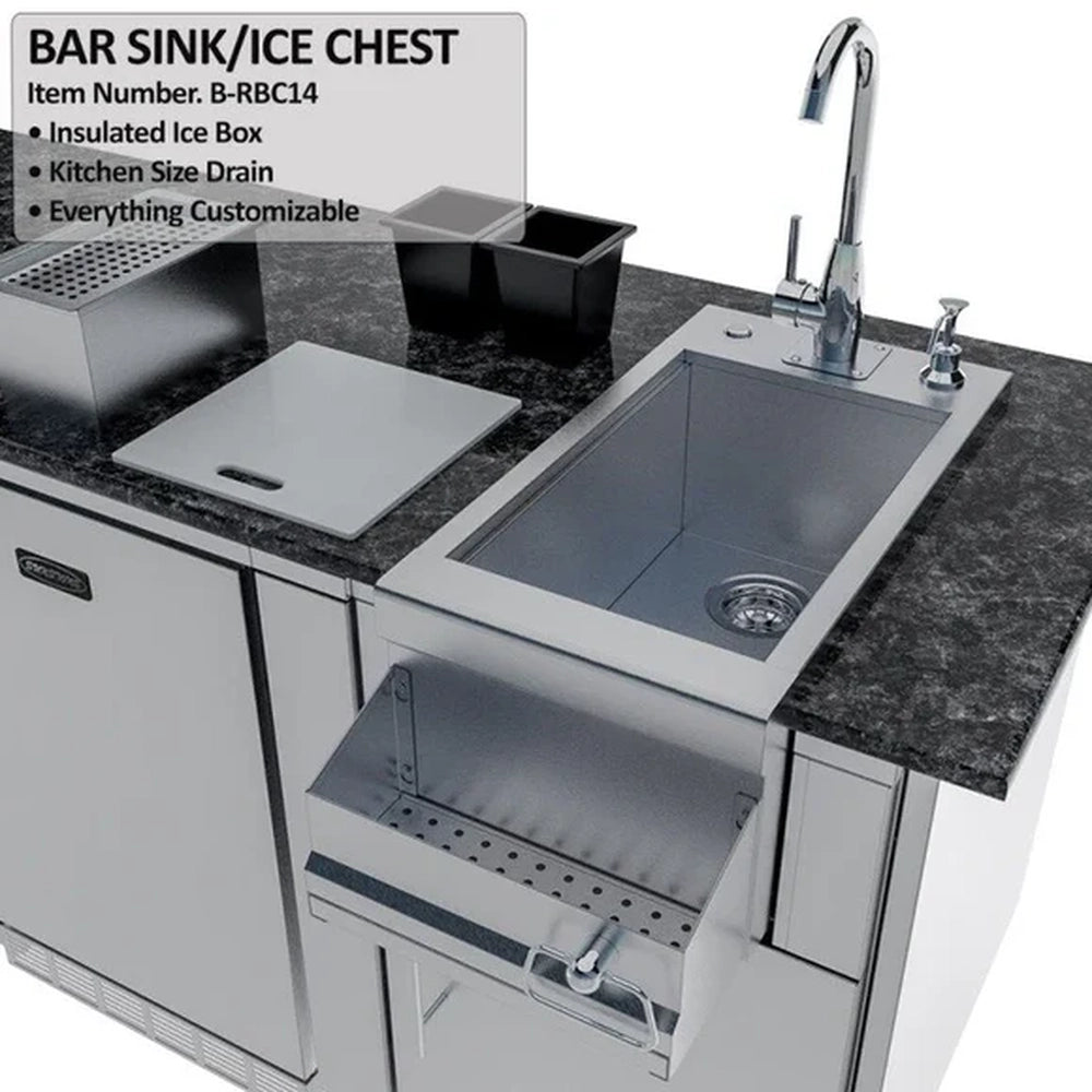 Top-down view of the Sunstone B-RBC14 Bar Sink and Insulated Ice Chest featuring a cutting board and condiment bins.