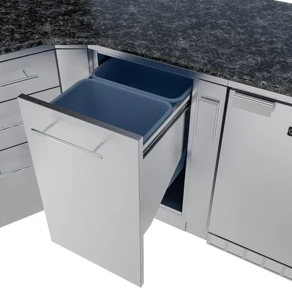 Pull-out dual trash and recycling bin drawer in a Sunstone Savanna stainless steel outdoor kitchen island.