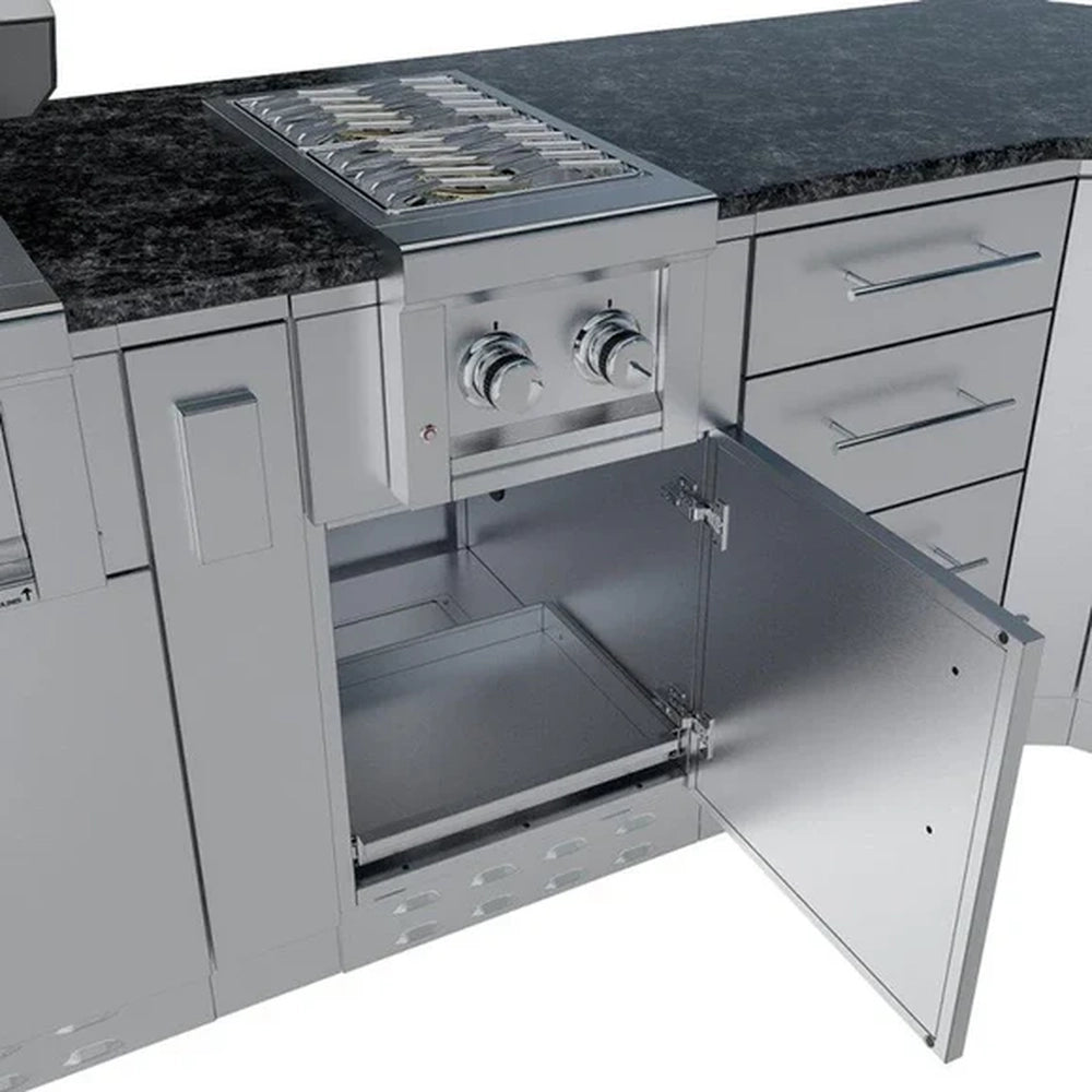 Open base cabinet under an outdoor gas burner featuring a slide-out tray for propane tank storage.