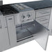 Open base cabinet under an outdoor gas burner featuring a slide-out tray for propane tank storage.