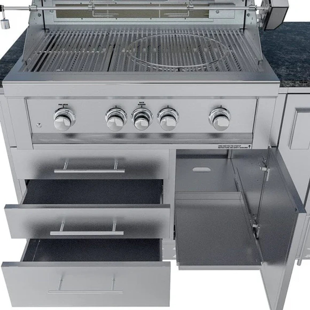 Detailed view of the Sunstone Ruby 4-burner grill with open storage drawers and propane tank slide-out cabinet.