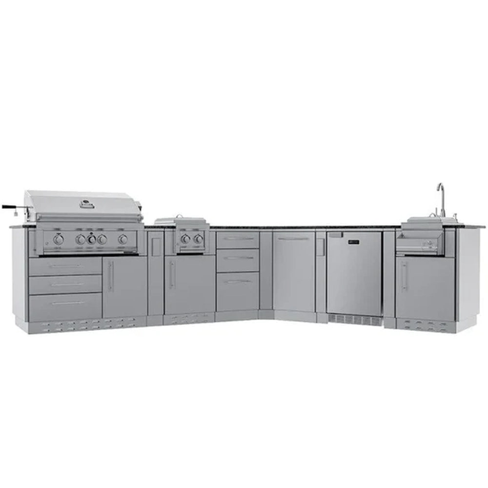 Front view of the Sunstone Savanna 16ft modular outdoor island package with integrated Ruby 4-burner grill and bar center.