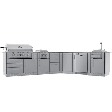 Front view of the Sunstone Savanna 16ft modular outdoor island package with integrated Ruby 4-burner grill and bar center.
