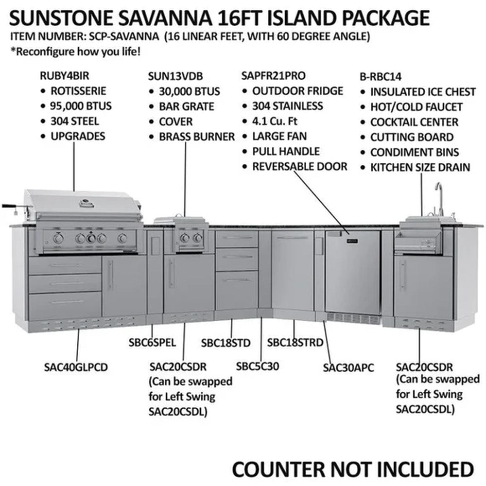Infographic diagram of the Sunstone Savanna 16ft island package labeling components like the Ruby grill, fridge, and ice chest.