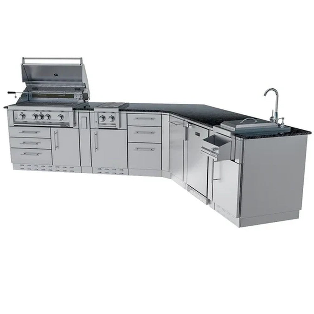High-angle perspective of the Sunstone Savanna 16ft angled island showing the black granite countertop and open grill hood.