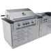 Fully assembled Sunstone Savanna 16 ft angled outdoor island with closed grill hood, stainless steel storage drawers, and integrated side burner.