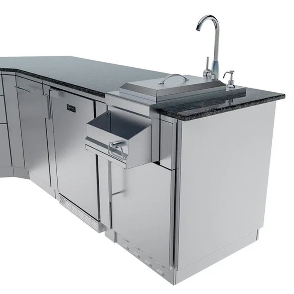 Close-up of the cocktail station and bar sink on the Sunstone Savanna island with high-arc faucet and speed rail.