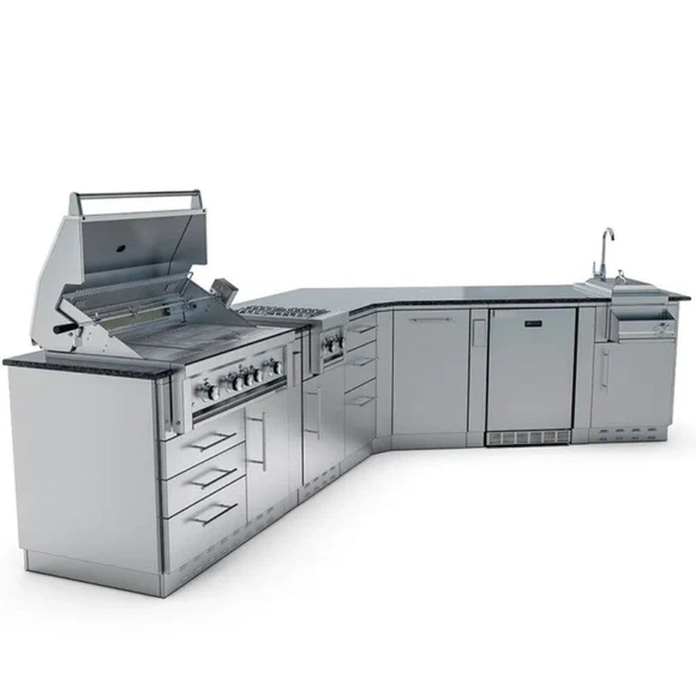 Side-profile view of the Sunstone Savanna 16ft outdoor kitchen showing the Ruby4BIR rotisserie grill and storage drawers.
