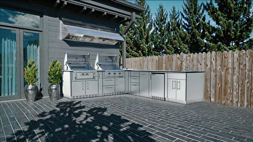 Sunstone SCPTXTANGO19 Texas Tango Outdoor Kitchen Island installed on modern patio with dual grills, sink, fridge, and long granite worktop.