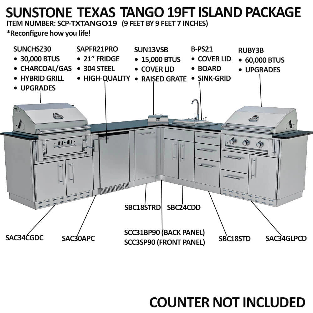 Sunstone SCPTXTANGO19 Texas Tango 19ft island package components chart labeling grills, sink, side burner, fridge, and cabinet model numbers.