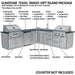 Sunstone SCPTXTANGO19 Texas Tango 19ft island package components chart labeling grills, sink, side burner, fridge, and cabinet model numbers.