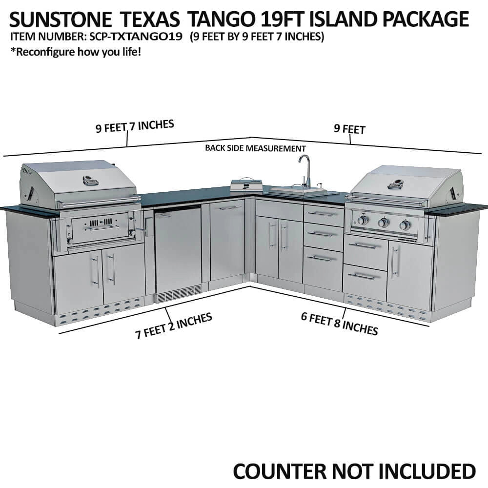 Sunstone SCPTXTANGO19 Texas Tango 19ft island package measurement graphic showing back-side dimensions and cabinet run lengths (countertop not included).