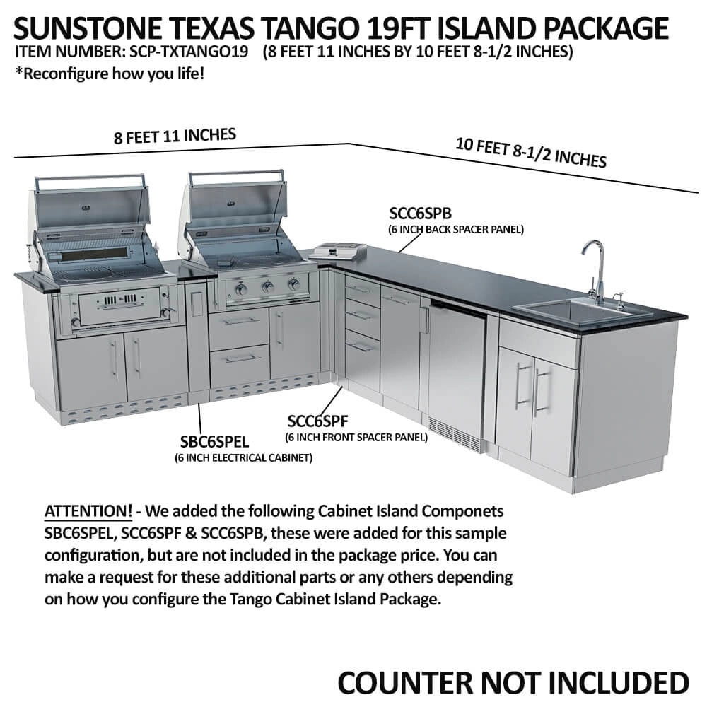 Sunstone SCPTXTANGO19 Texas Tango 19ft island package diagram with overall dimensions and labeled cabinet spacer panels (countertop not included).