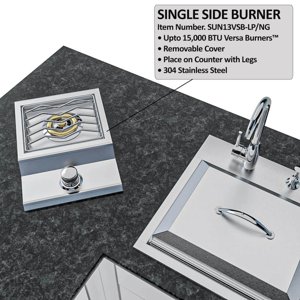 Sunstone SCPTXTANGO19 Texas Tango Outdoor Kitchen Island single side burner close-up on granite countertop next to covered sink and faucet.