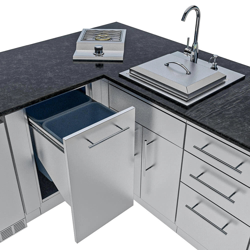 Sunstone SCPTXTANGO19 Texas Tango Outdoor Kitchen Island trash pull-out bin drawer near sink and side burner for easy outdoor kitchen cleanup.