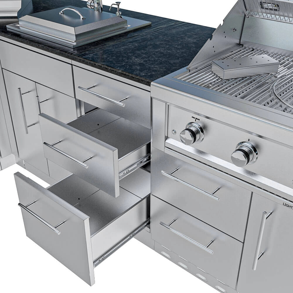 Sunstone SCPTXTANGO19 Texas Tango Outdoor Kitchen Island cabinet storage—triple stainless drawers open beside grill base for outdoor kitchen organization.