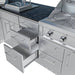 Sunstone SCPTXTANGO19 Texas Tango Outdoor Kitchen Island cabinet storage—triple stainless drawers open beside grill base for outdoor kitchen organization.