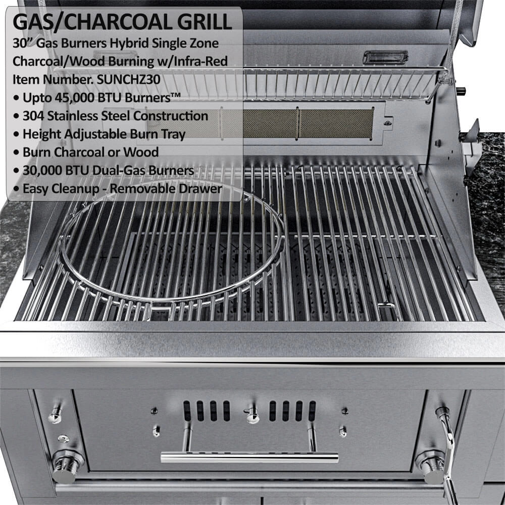 Sunstone SCPTXTANGO19 Texas Tango Outdoor Kitchen Island hybrid gas/charcoal grill interior showing adjustable burn tray and stainless cooking grates.