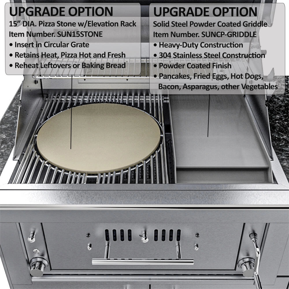 Sunstone SCPTXTANGO19 Texas Tango Outdoor Kitchen Island upgrade options—pizza stone and solid steel powder-coated griddle insert on grill grates.