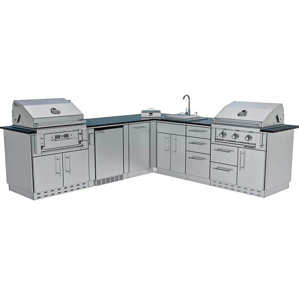 Sunstone SCPTXTANGO19 Texas Tango Outdoor Kitchen Island full L-shaped configuration with two built-in grills, sink, drawers, and granite countertop.