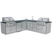 Sunstone SCPTXTANGO19 Texas Tango Outdoor Kitchen Island full L-shaped configuration with two built-in grills, sink, drawers, and granite countertop.