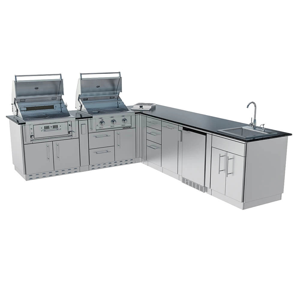Angled view of Sunstone SCPTXTANGO19 Texas Tango Outdoor Kitchen Island showing dual grills, long prep counter, sink, and stainless outdoor fridge.