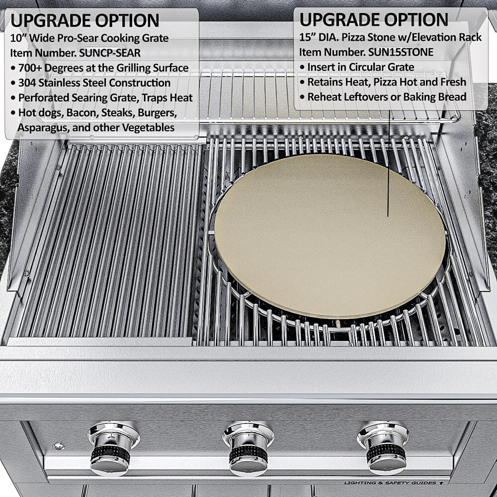 Sunstone SCPTXTANGO19 Texas Tango Outdoor Kitchen Island upgrade options—pro-sear cooking grate and 15-inch pizza stone on circular grate insert.