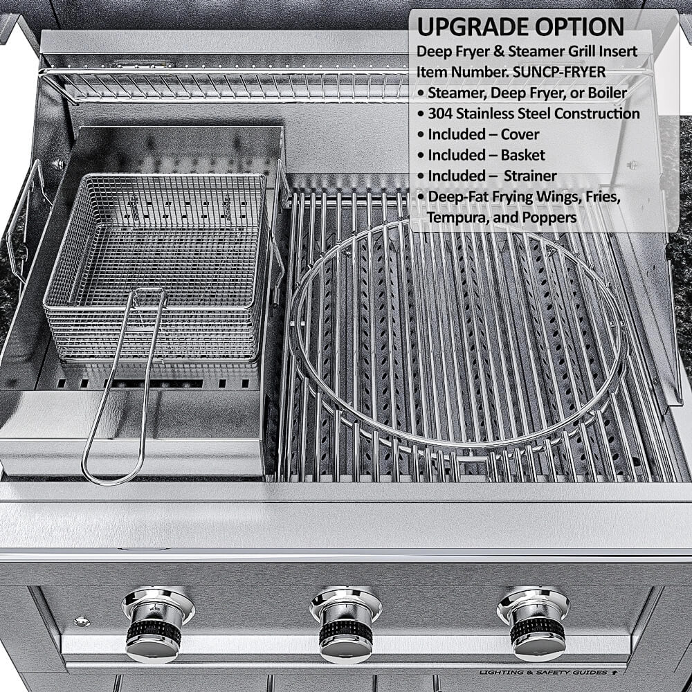 Sunstone SCPTXTANGO19 Texas Tango Outdoor Kitchen Island upgrade option—deep fryer & steamer grill insert installed inside stainless grill.