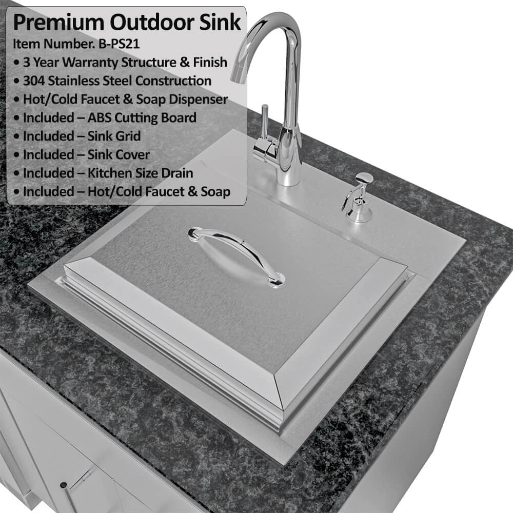 Sunstone SCPTXTANGO19 Texas Tango Outdoor Kitchen Island premium sink close-up with cover, high-arc faucet and soap dispenser on granite countertop.