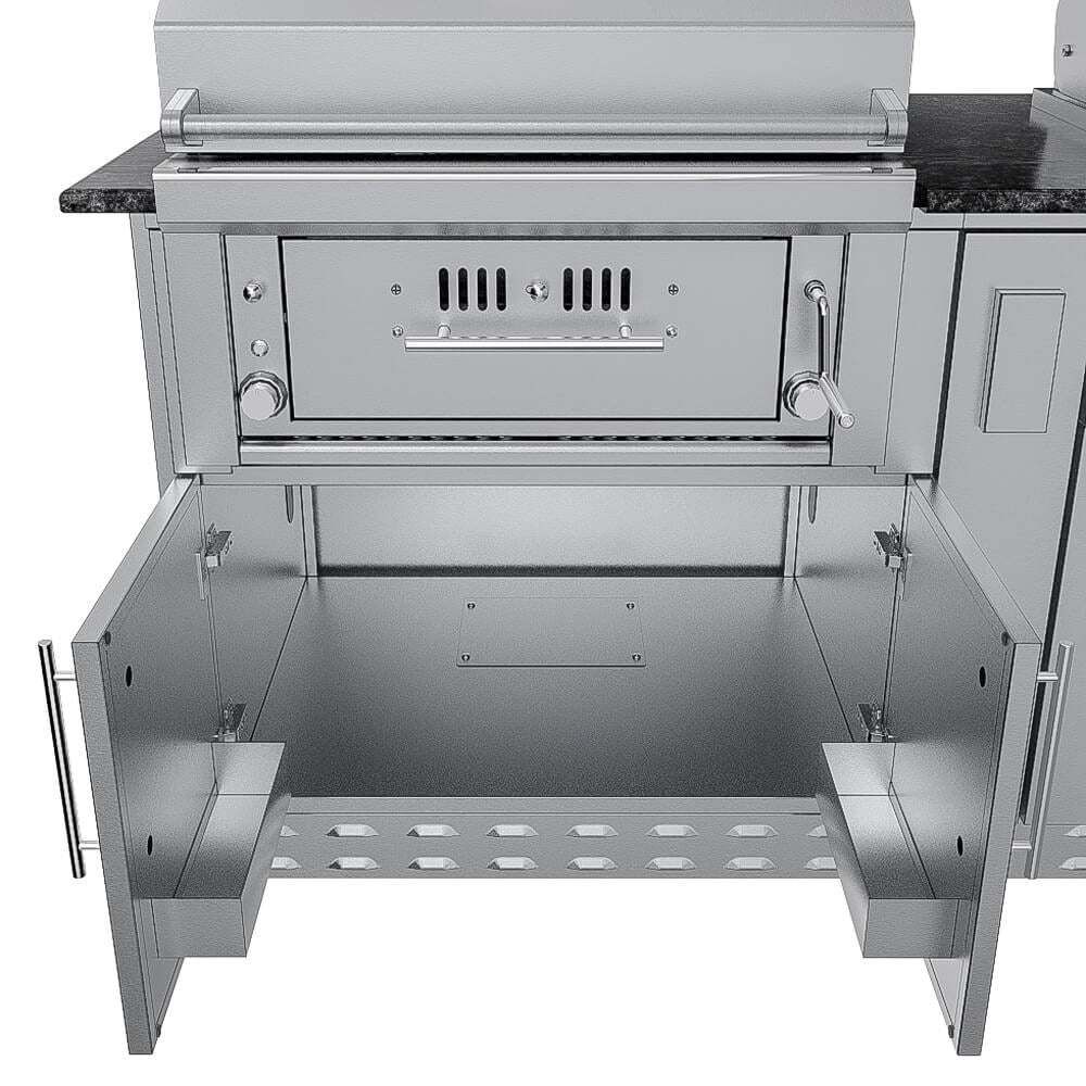 Sunstone SCPTXTANGO19 Texas Tango Outdoor Kitchen Island under-grill access—open stainless cabinet doors showing spacious storage compartment.