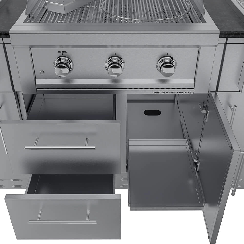 Sunstone SCPTXTANGO19 Texas Tango Outdoor Kitchen Island storage—stainless drawers and pull-out tray cabinet beneath built-in grill controls.