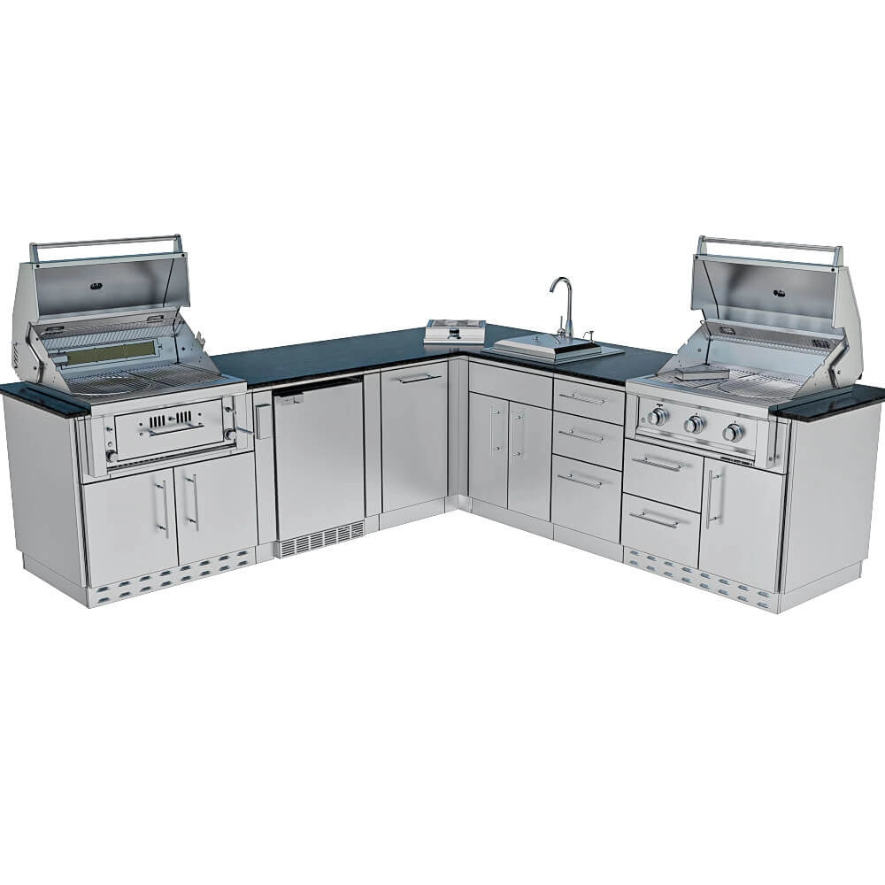 Sunstone SCPTXTANGO19 Texas Tango Outdoor Kitchen Island L-shaped layout with dual stainless grills, corner sink station, and storage cabinets.