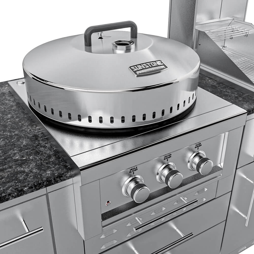 Sunstone circular power burner for outdoor kitchens shown with a polished stainless steel protective dome cover and handle.