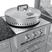Sunstone circular power burner for outdoor kitchens shown with a polished stainless steel protective dome cover and handle.