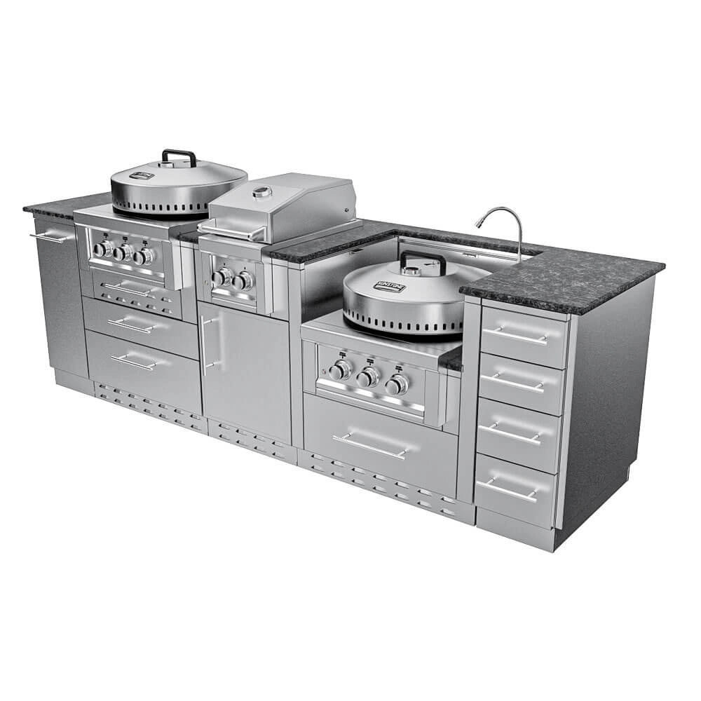 Complete wide-angle product photograph of the 9-foot Sunstone TexCajun outdoor kitchen island package, showing multiple burners, a sink with flex-faucet, and complete cabinet storage on a white background.