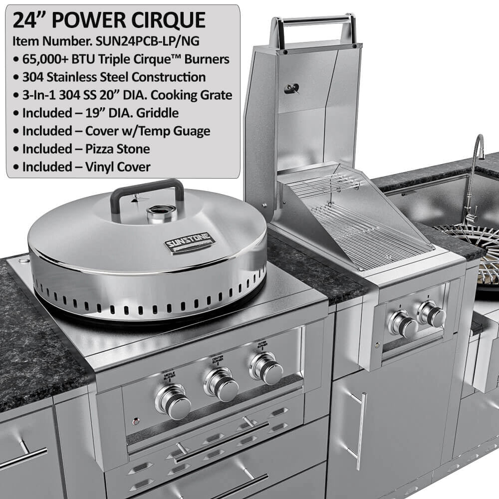 Diagram with product specifications for the 24" POWER CIRQUE, highlighting item number SUN24PCB-LP/NG, 65,000+ BTU triple Cirque burners, and 304 SS construction with included accessories