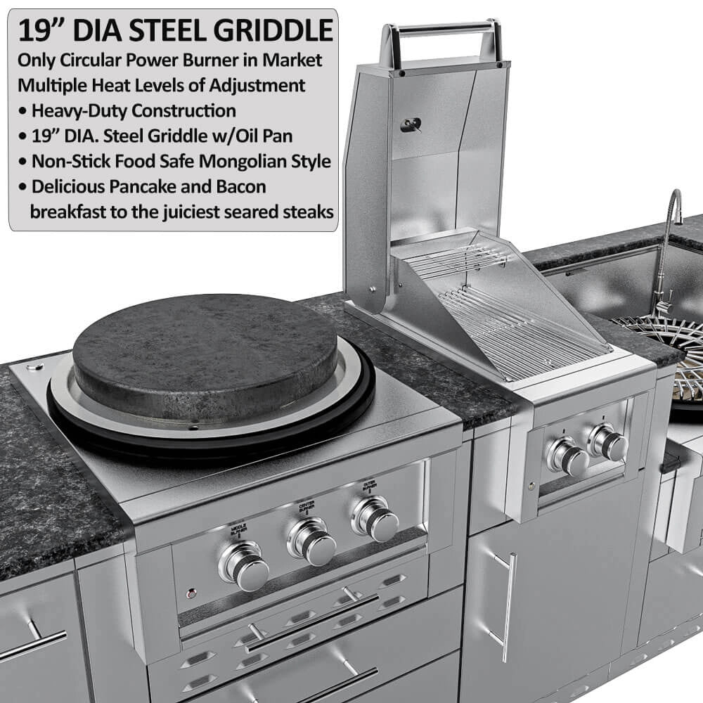 Diagram with product specifications for the 19" DIA STEEL GRIDDLE, detailing its heavy-duty construction, non-stick food-safe Mongolian style, oil pan, and circular power burner compatibility.