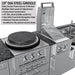 Diagram with product specifications for the 19" DIA STEEL GRIDDLE, detailing its heavy-duty construction, non-stick food-safe Mongolian style, oil pan, and circular power burner compatibility.