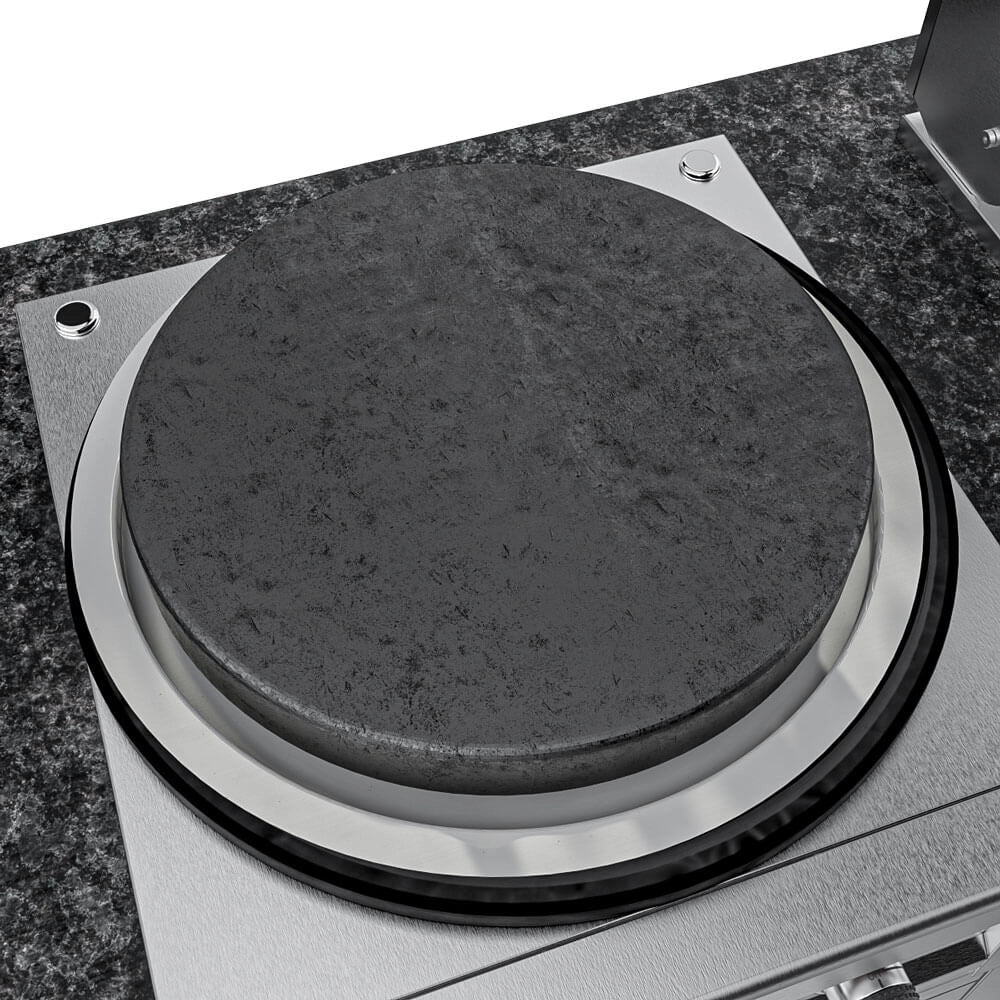 Close-up view of the 19" circular dark steel griddle plate and stainless steel frame base accessory on the Sunstone TexCajun outdoor kitchen island.