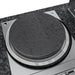 Close-up view of the 19" circular dark steel griddle plate and stainless steel frame base accessory on the Sunstone TexCajun outdoor kitchen island.