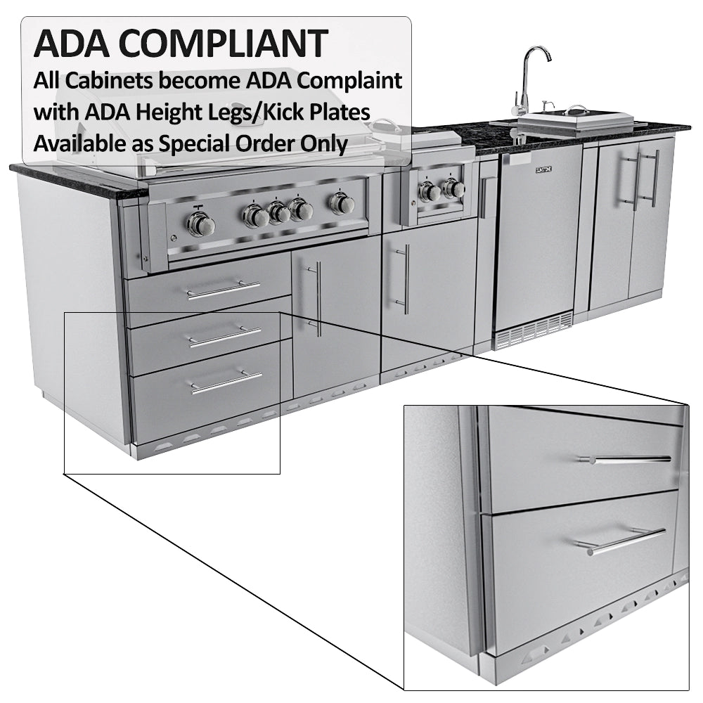 Sunstone Houston outdoor kitchen configuration showing ADA compliant height legs and kick plate special order options.