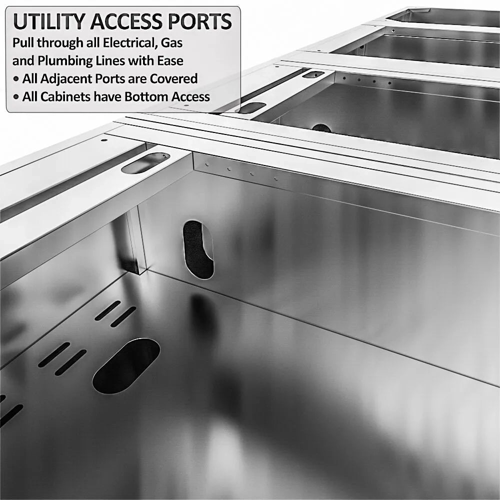 Interior view of Sunstone stainless steel cabinets highlighting the utility access ports for easy installation of electrical, gas, and plumbing lines.