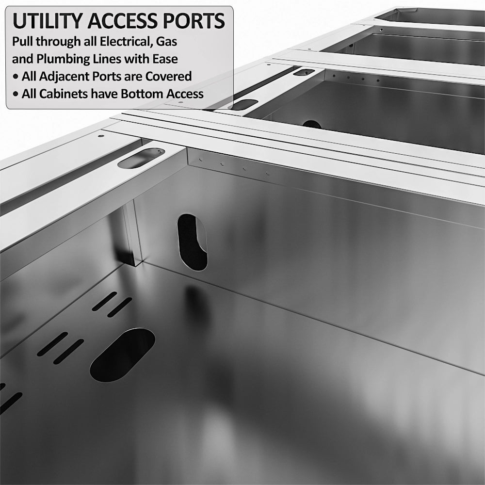 Interior view of Sunstone stainless steel cabinet frames featuring utility access ports for electrical, gas, and plumbing lines.