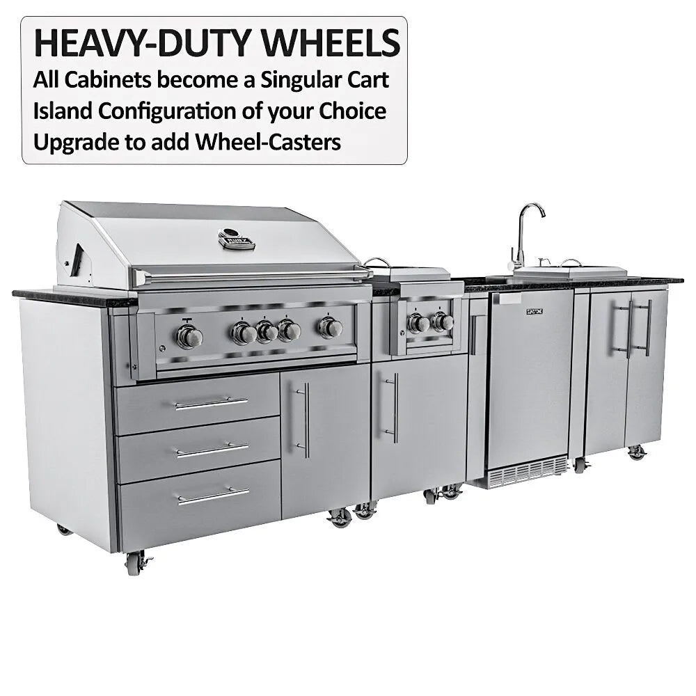 Sunstone Caprice 6′4″ Grill Island configured as a mobile unit with heavy-duty wheel casters for easy outdoor patio movement.
