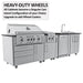 Sunstone SCPCYPRESS11.6 Cypress Outdoor Kitchen Island on caster wheels upgrade, featuring grill, side burner, fridge, sink, and storage cabinets.